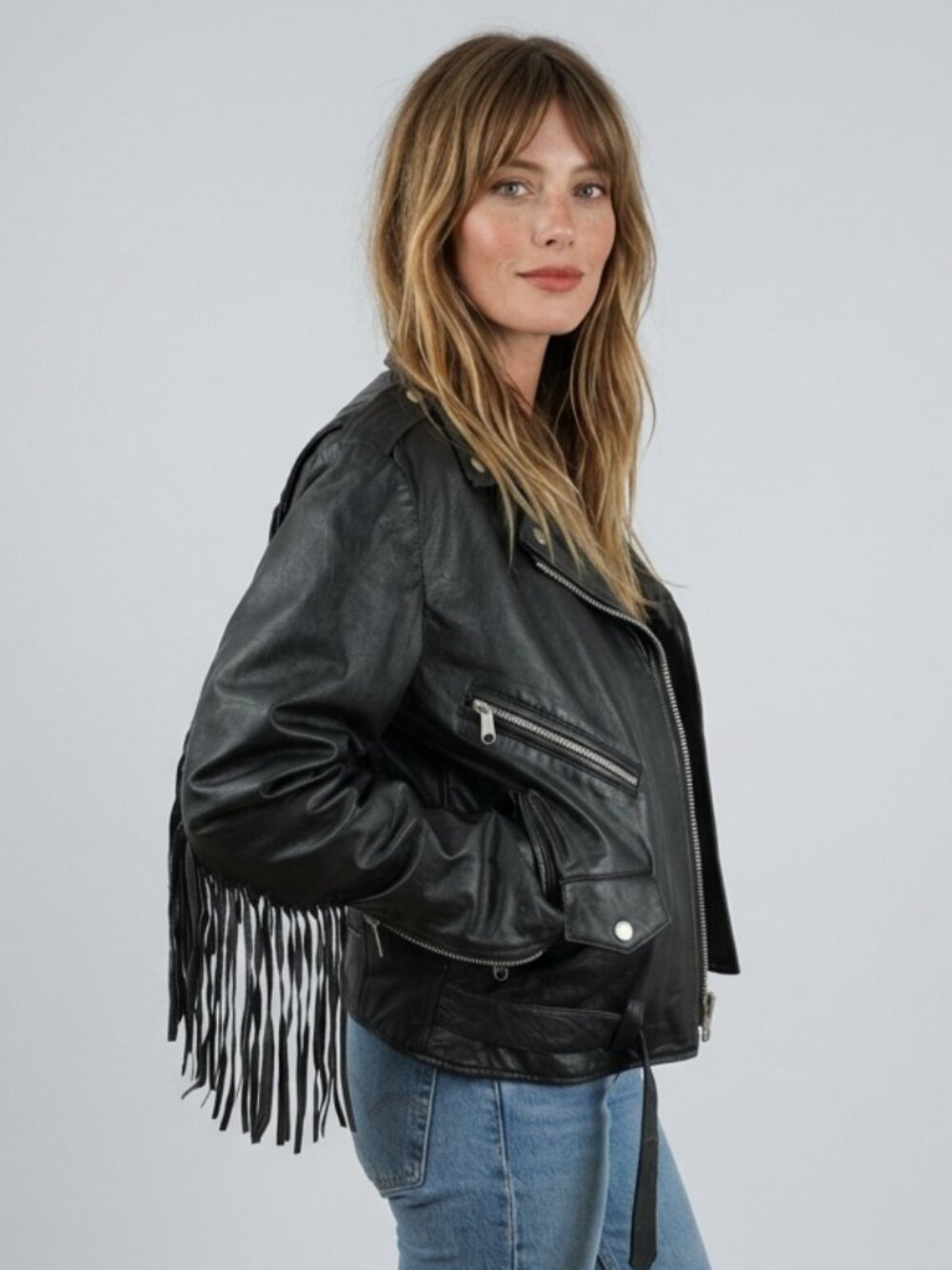 Vintage Fringe Leather Moto Jacket Southwestern Black Motorcycle Cropped Coat